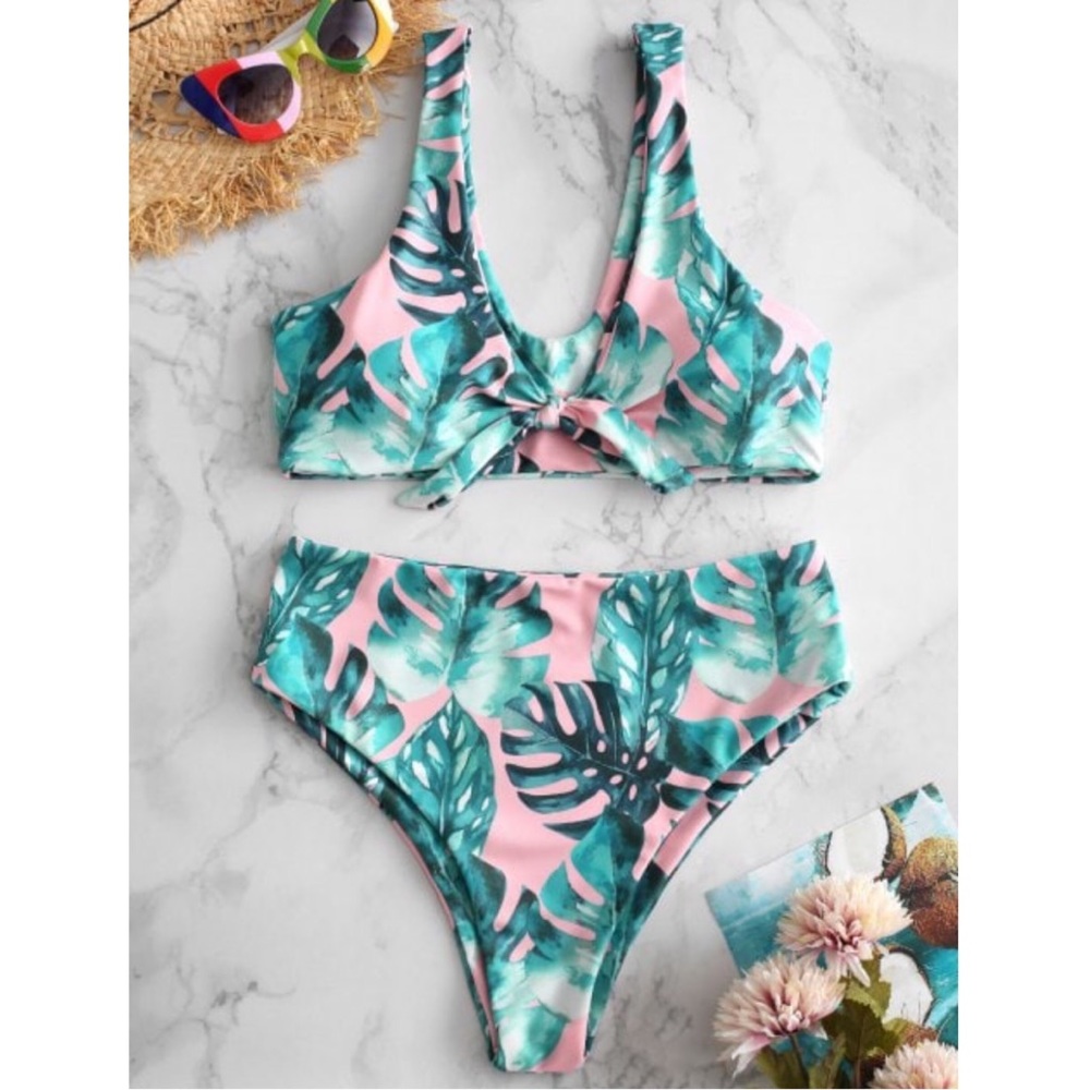 NWT Tropical Tie Front High Waisted Bikini Set